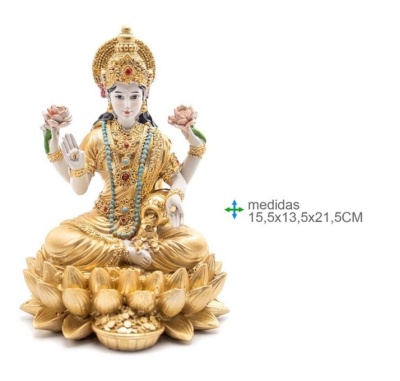 Estátua dourada de figura feminina sentada em flor de lótus
