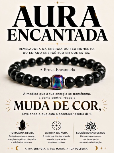 Pulseira com contas pretas e conta central multicolorida sobre fundo branco com texto em português