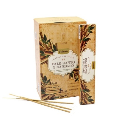 Caixa e embalagem de incenso Tulasi Palo Santo y Sandalo com três palitos de incenso