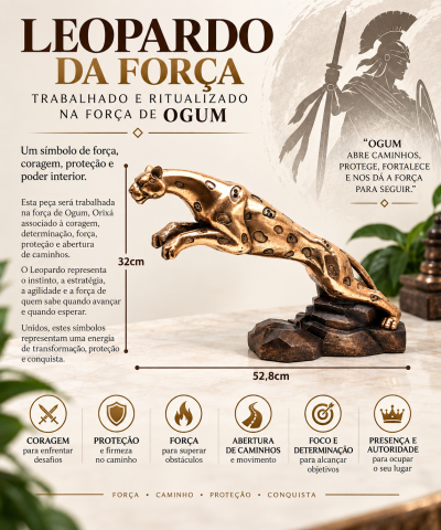 Escultura de leopardo dourado com manchas pretas em salto sobre base rochosa escura.