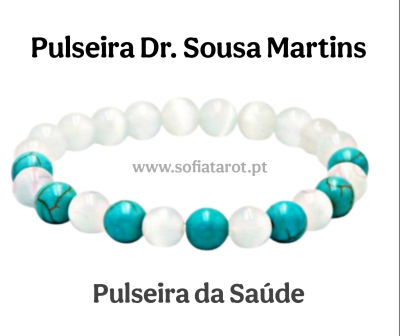 Pulseira branca e azul-turquesa com texto promocional