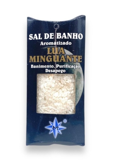 Pacote azul escuro de sal de banho aromatizado com janela transparente e texto em português.