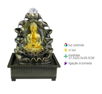 Fonte decorativa com figura de Buda dourada e luz colorida