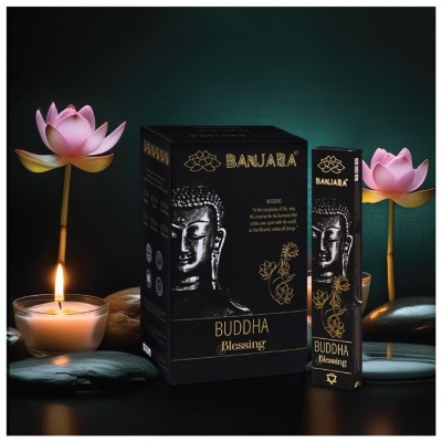Embalagem de incenso Banjara Buddha Blessing com imagem de Buda e flores de lótus rosa