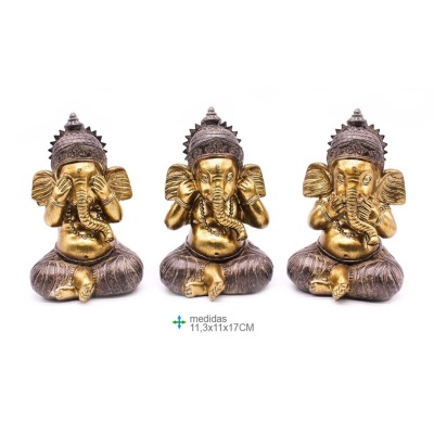 Três estatuetas douradas e castanhas da divindade hindu Ganesha sentadas