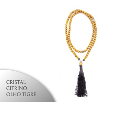 Colar mala com contas amarelas e pedras citrino e olho de tigre com tassel preto
