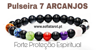Pulseira com contas coloridas e texto promocional