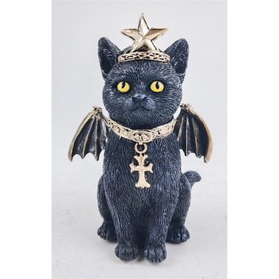 Estatueta de gato preto com asas e coroas douradas