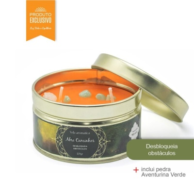 Vela aromática Abre Caminhos em lata metálica com cera laranja e pedras verdes