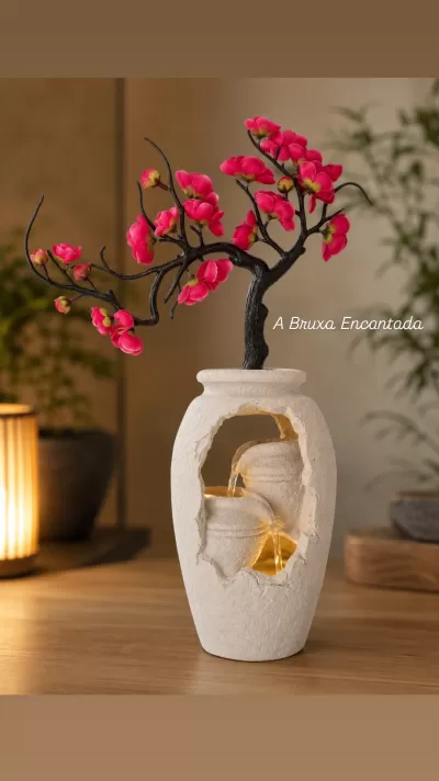 Fonte decorativa interior com vaso branco e flores artificiais cor-de-rosa