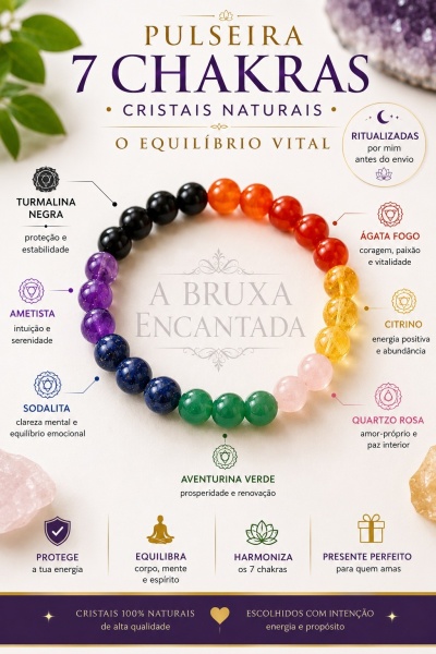 Pulseira 7 Chakras com contas coloridas de cristais naturais em círculo sobre fundo claro