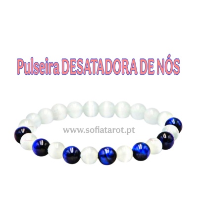 Pulseira com contas brancas e azul escuro com texto promocional