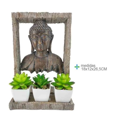 Escultura de Buda em madeira com três vasos de suculentas brancos