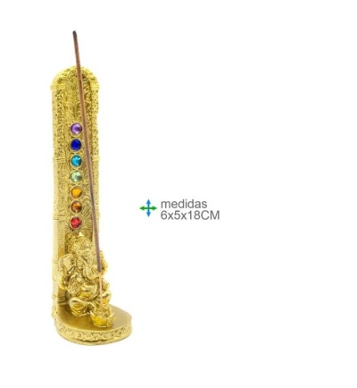 Suporte de incenso dourado com pedras coloridas e medidas indicadas
