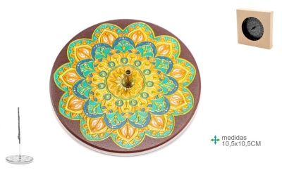Incensário cerâmico redondo com padrão mandala colorido em amarelo, azul e verde e suporte dourado para incenso