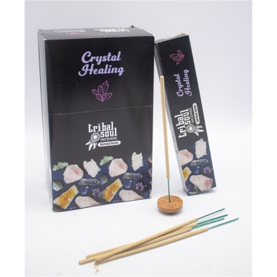 Caixas e varas de incenso Crystal Healing Tribal Soul com imagens de cristais e suporte de madeira