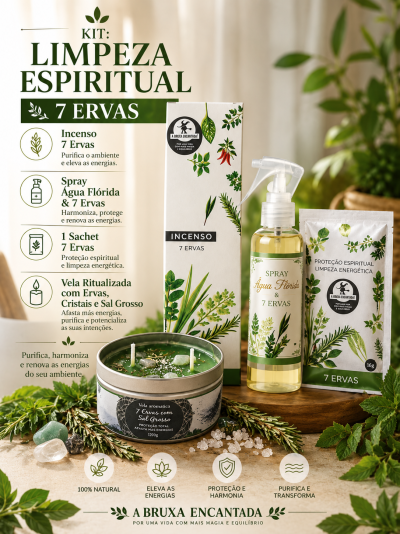 Kit limpeza espiritual com incenso, spray, sachet e vela aromática com decoração de plantas verdes