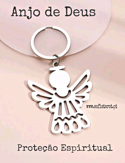Chaveiro em forma de anjo prateado com texto Anjo de Deus, Proteção Espiritual