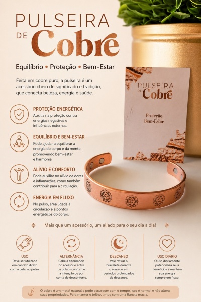 Pulseira de cobre com símbolos em superfície clara, cartão promocional e vaso dourado com planta.
