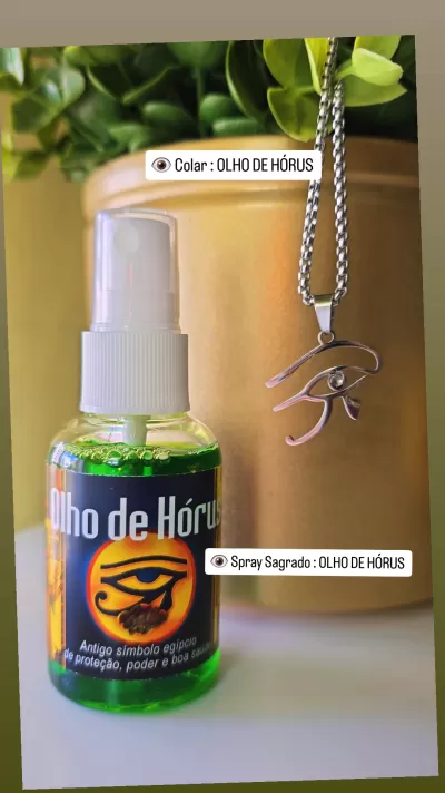 Frasco com líquido verde e colar com pendente Olho de Hórus
