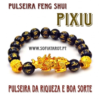 Pulseira Feng Shui Pixiu com contas negras e pendente dourado