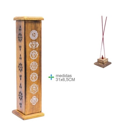 Suporte de madeira para incenso com símbolos de chakras