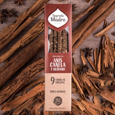 Caixa de incenso Sagrada Madre com 9 varas grossas e paus de canela