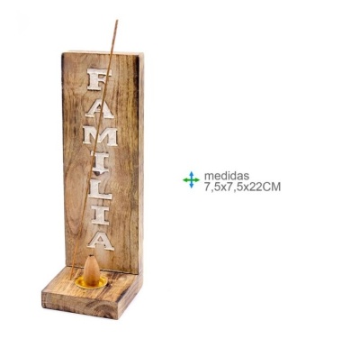 Suporte de madeira para incenso com palavra FAMILIA e base para cone