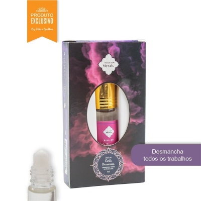 Frasco de roll-on em embalagem preta com decoração roxa e texto promocional