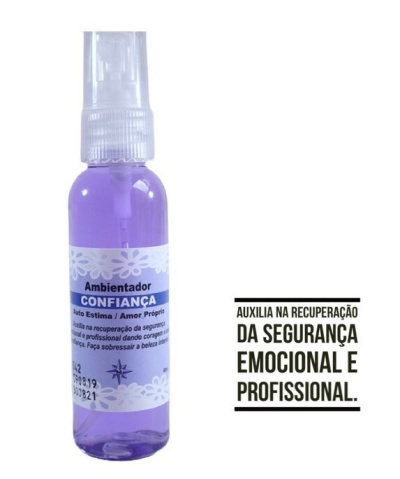 Frasco spray roxo com rótulo branco e texto em português sobre confiança