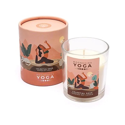 Vela perfumada Moonshine Yoga Celestial Sage com embalagem ilustrada e vela em copo de vidro
