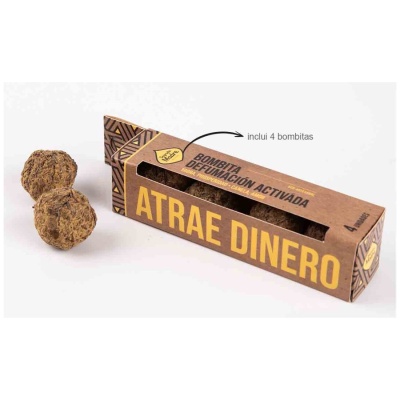 Embalagem castanha de papel reciclado com texto ATRAE DINERO e quatro bombitas marrons