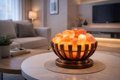 Lâmpada de sal do Himalaia com cristais laranja e branca em suporte de madeira escura sobre mesa redonda branca