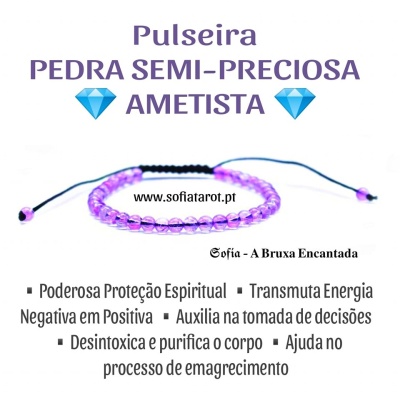 Pulseira de piedras semi-preciosas ametista em conta roxa com cordão preto e texto promocional