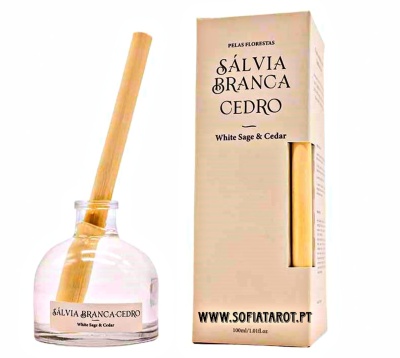 Frasco com pau de madeira e caixa creme de Sálvia Branca Cedro