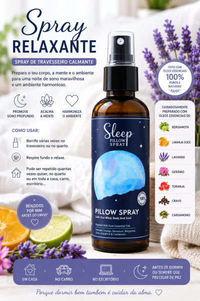 Frasco de spray relaxante para travesseiro com rótulo azul estrelado e flores de lavanda ao redor