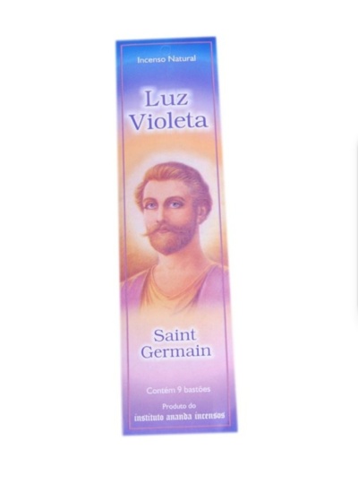 Embalagem de incenso Luz Violeta Saint Germain com imagem masculina e texto em português