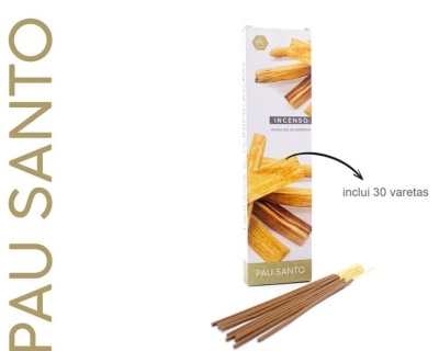 Caixa branca de incenso Pau Santo com 30 varetas e imagens de paus de madeira