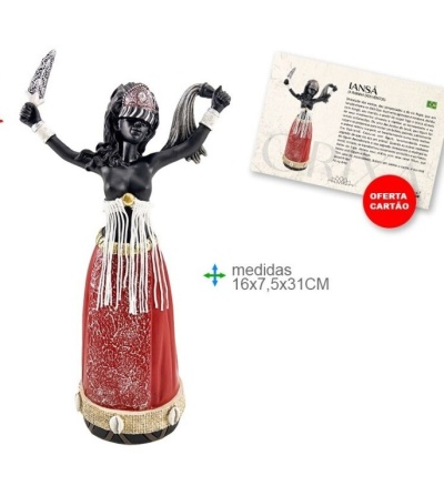 Estátua decorativa feminina em resina com saia vermelha e acessórios em branco e dourado