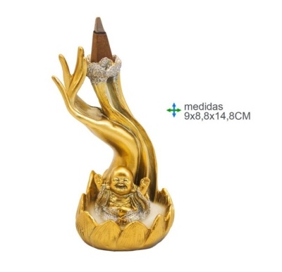 Suporte dourado para incenso com figura de Buda e forma de mão