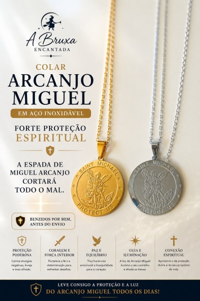Colares Arcanjo Miguel dourado e prateado com medalhões redondos em aço inoxidável
