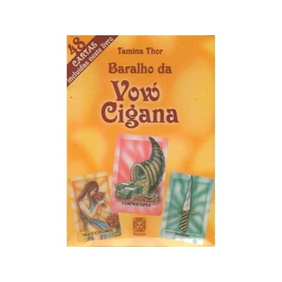 Caixa de baralho da Vovó Cigana com ilustrações e texto em laranja