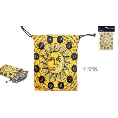 Saco amarelo com desenhos de sol, lua e signos do zodíaco para cartas de tarot