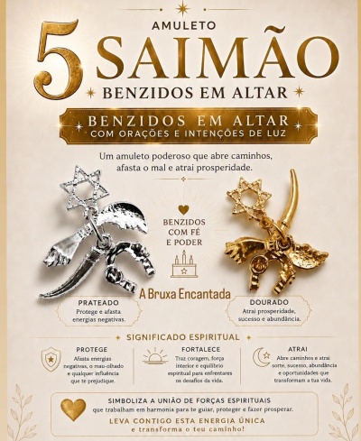 Amuletos Saimão prateado e dourado com estrelas de seis pontas e símbolos, texto explicativo em fundo bege.