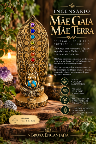 Incensário dourado Mãe Gaia Mãe Terra com pedras coloridas e figura feminina sentado segurando globo