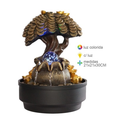 Fonte decorativa árvore de moedas douradas com esfera azul e base preta