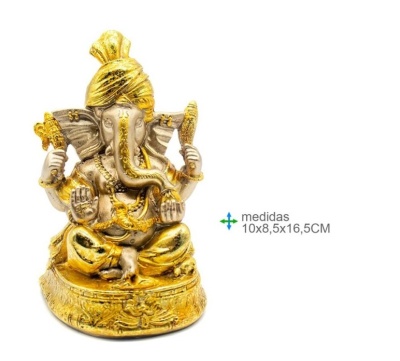 Estátua decorativa de Ganesha dourada e prateada com detalhes em relevo