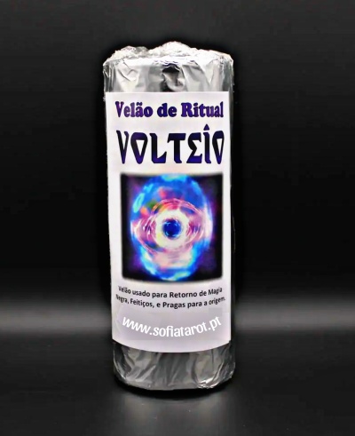 Velão de ritual prateado com etiqueta branca e texto em português