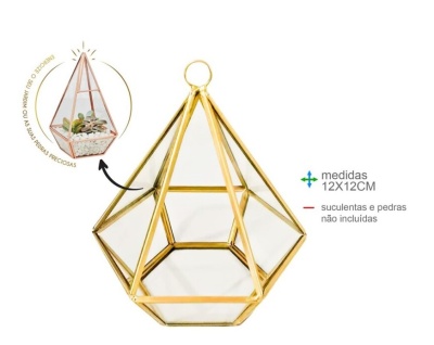 Terrário de vidro com estrutura metálica dourada e formato geométrico para plantas