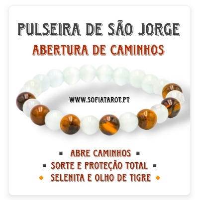 Pulseira branca de selenita e castanha de olho de tigre com texto promocional em fundo branco
